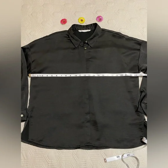 Zara Satin Black Button Down Shirt Womens Size L - Picture 7 of 10
